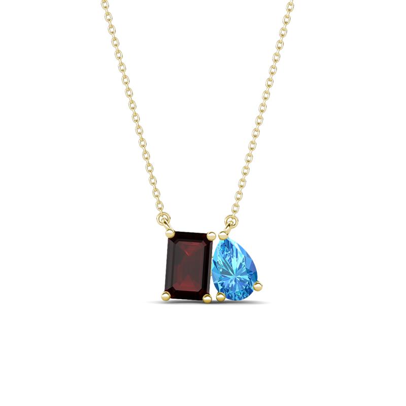 Arika 1.28 ctw Emerald Shape Red Garnet with Pear Shape Blue Topaz Toi Et Moi Women Pendant Necklace 