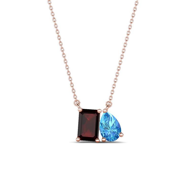 Arika 1.28 ctw Emerald Shape Red Garnet with Pear Shape Blue Topaz Toi Et Moi Women Pendant Necklace 