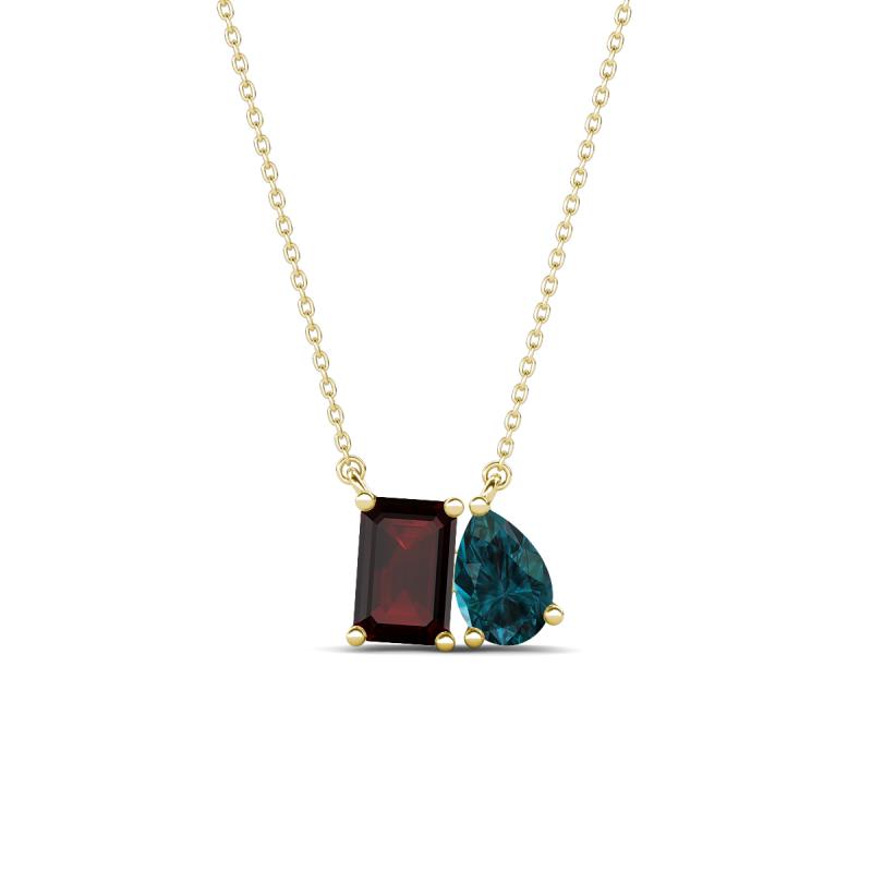 Arika 1.28 ctw Emerald Shape Red Garnet with Pear Shape London Blue Topaz Toi Et Moi Women Pendant Necklace 