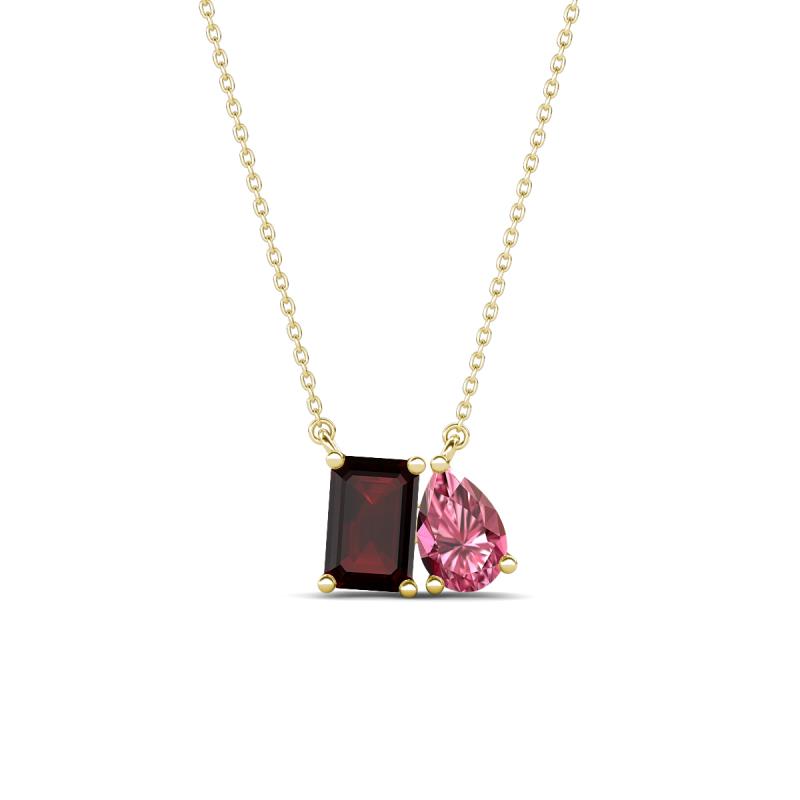 Arika 1.23 ctw Emerald Shape Red Garnet with Pear Shape Pink Tourmaline Toi Et Moi Women Pendant Necklace 