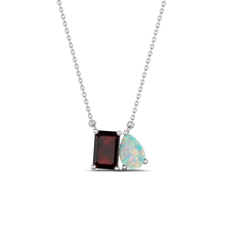 Arika 1.03 ctw Emerald Shape Red Garnet with Pear Shape Opal Toi Et Moi Women Pendant Necklace 