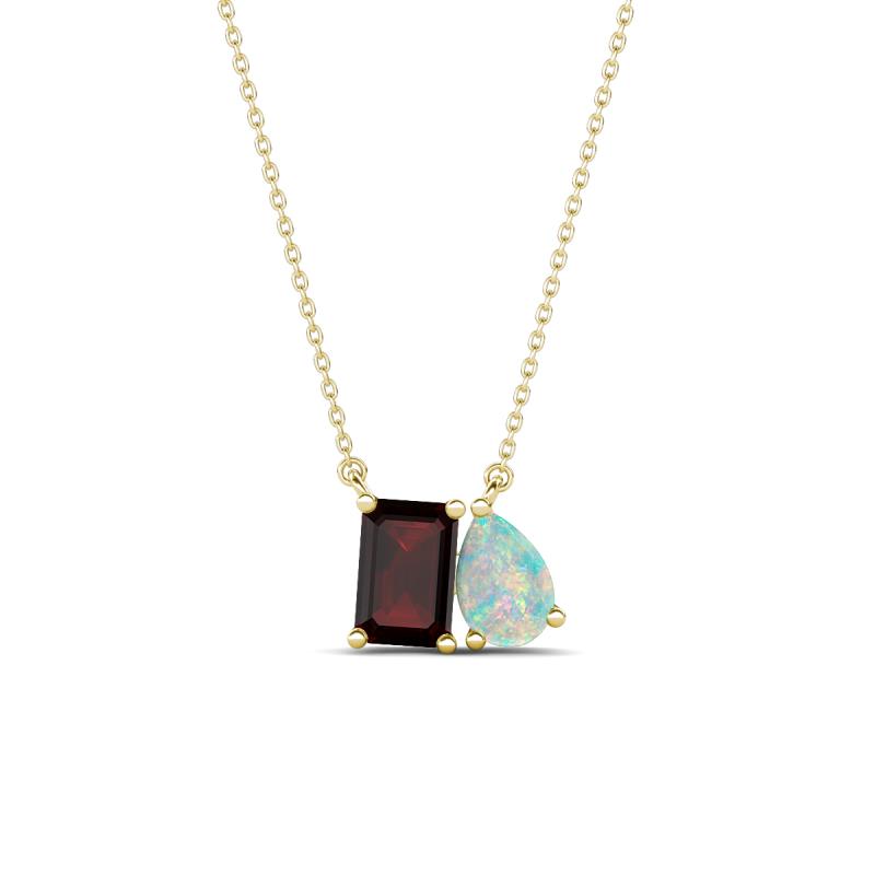 Arika 1.03 ctw Emerald Shape Red Garnet with Pear Shape Opal Toi Et Moi Women Pendant Necklace 