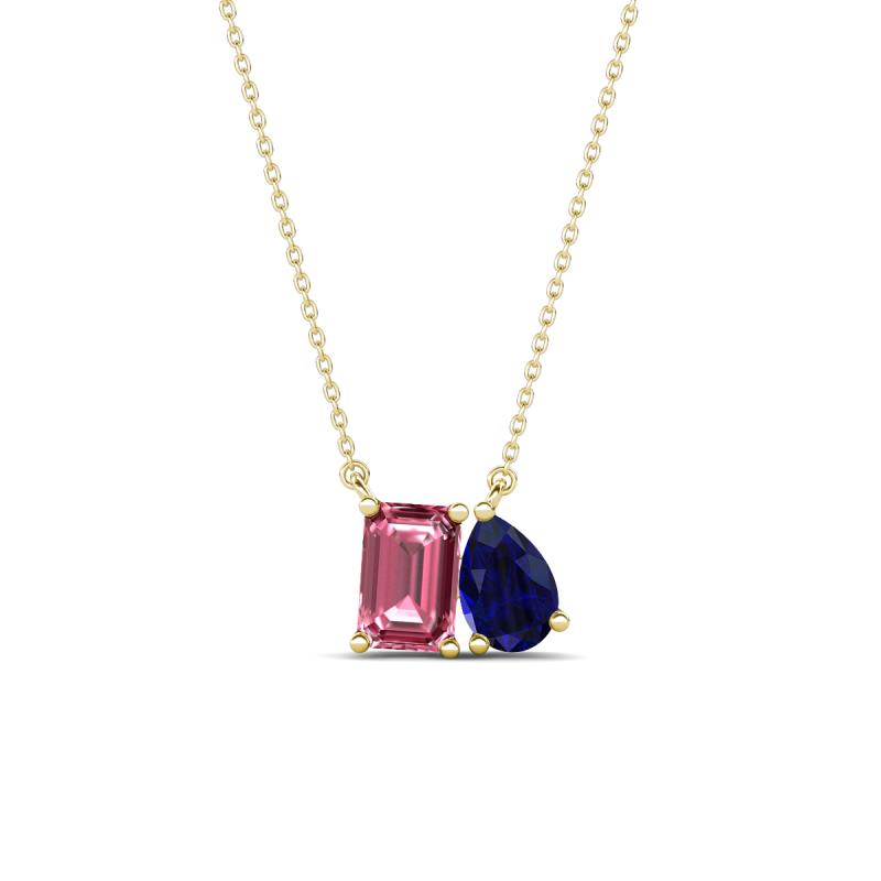 Arika 1.05 ctw Emerald Shape Pink Tourmaline with Pear Shape Created Blue Sapphire Toi Et Moi Women Pendant Necklace 