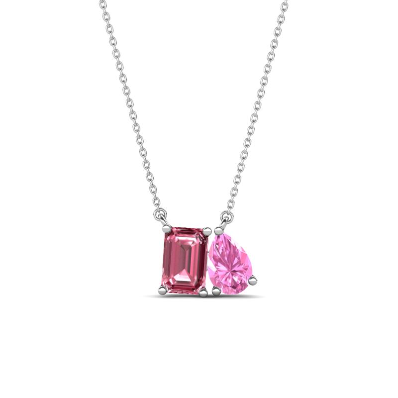 Arika 1.05 ctw Emerald Shape Pink Tourmaline with Pear Shape Created Pink Sapphire Toi Et Moi Women Pendant Necklace 