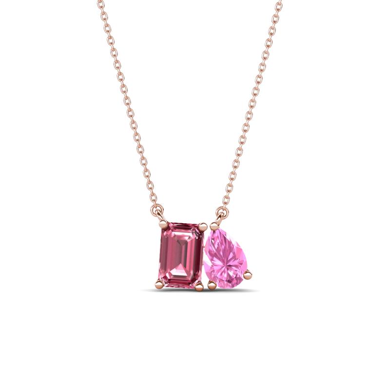Arika 1.05 ctw Emerald Shape Pink Tourmaline with Pear Shape Created Pink Sapphire Toi Et Moi Women Pendant Necklace 