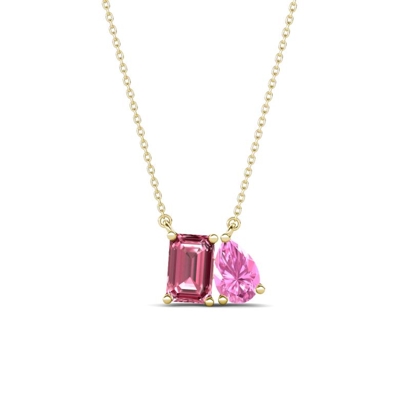 Arika 1.05 ctw Emerald Shape Pink Tourmaline with Pear Shape Created Pink Sapphire Toi Et Moi Women Pendant Necklace 