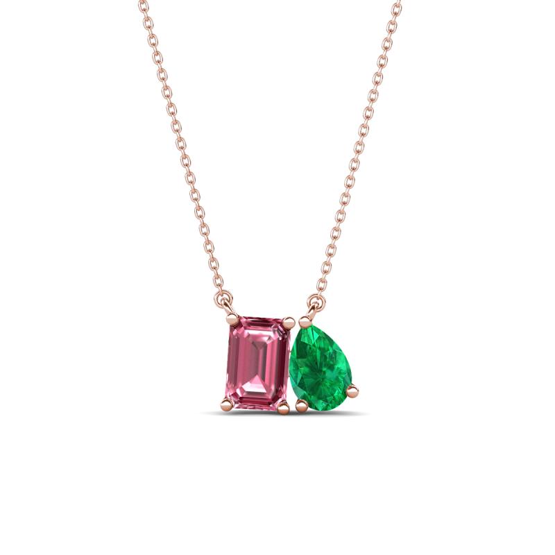 Arika 0.93 ctw Emerald Shape Pink Tourmaline with Pear Shape Created Emerald Toi Et Moi Women Pendant Necklace 