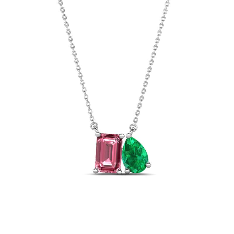 Arika 0.93 ctw Emerald Shape Pink Tourmaline with Pear Shape Created Emerald Toi Et Moi Women Pendant Necklace 