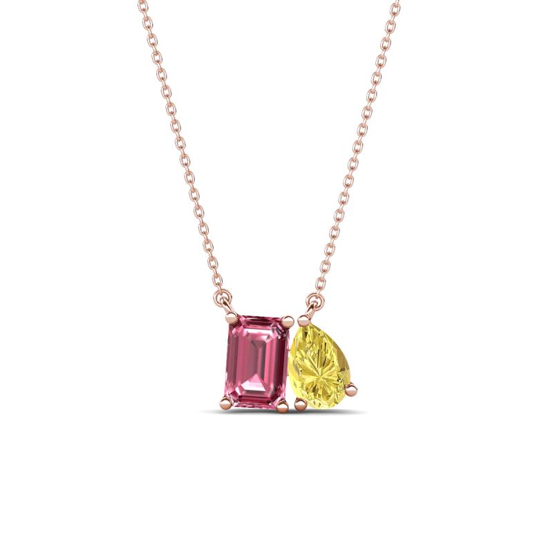 Arika 1.05 ctw Emerald Shape Pink Tourmaline with Pear Shape Created Yellow Sapphire Toi Et Moi Women Pendant Necklace 