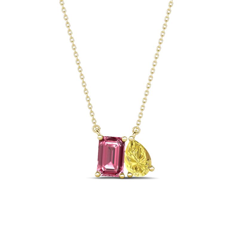 Arika 1.05 ctw Emerald Shape Pink Tourmaline with Pear Shape Created Yellow Sapphire Toi Et Moi Women Pendant Necklace 
