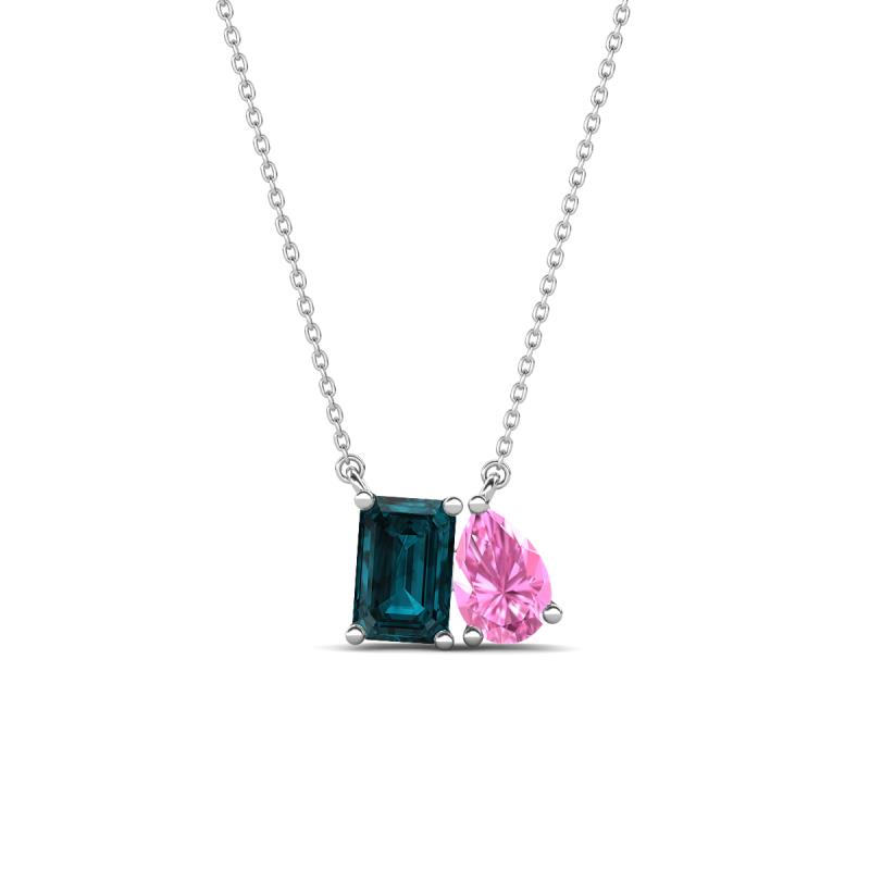 Arika 1.15 ctw Emerald Shape London Blue Topaz with Pear Shape Created Pink Sapphire Toi Et Moi Women Pendant Necklace 