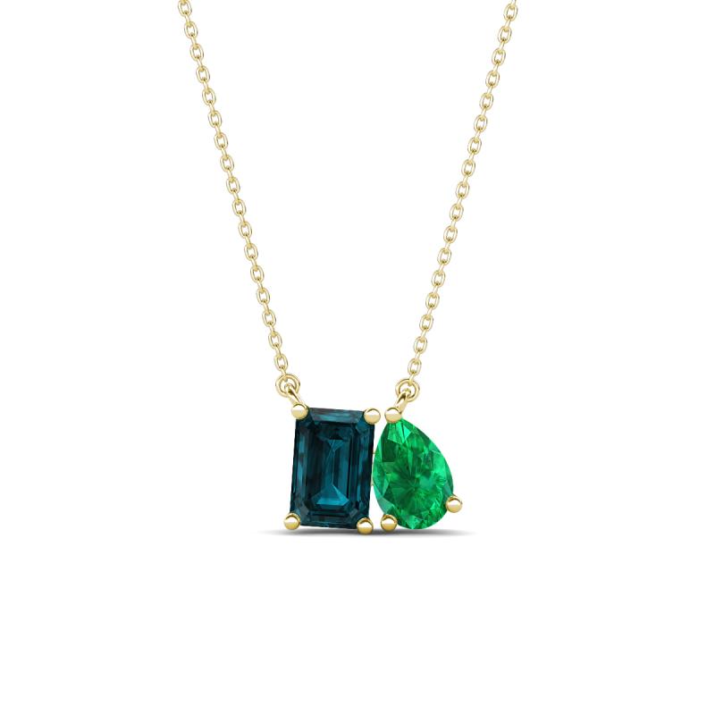 Arika 1.03 ctw Emerald Shape London Blue Topaz with Pear Shape Created Emerald Toi Et Moi Women Pendant Necklace 