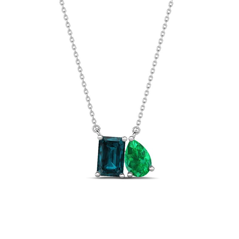 Arika 1.03 ctw Emerald Shape London Blue Topaz with Pear Shape Created Emerald Toi Et Moi Women Pendant Necklace 