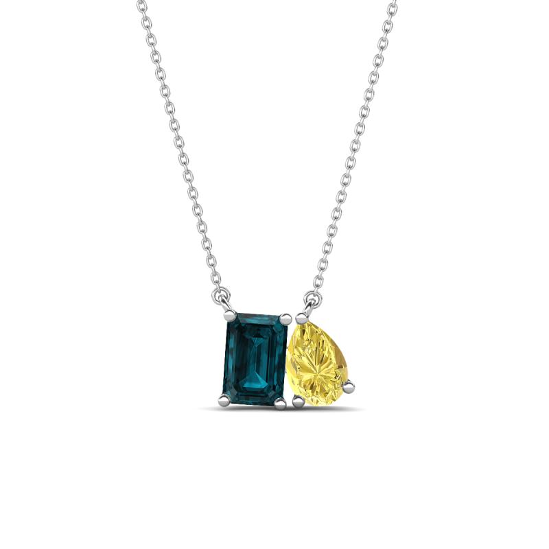 Arika 1.15 ctw Emerald Shape London Blue Topaz with Pear Shape Created Yellow Sapphire Toi Et Moi Women Pendant Necklace 