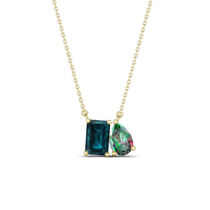 Arika 1.19 ctw Emerald Shape London Blue Topaz with Pear Shape Created Alexandrite Toi Et Moi Women Pendant Necklace 