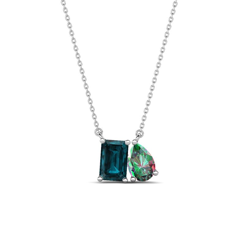 Arika 1.19 ctw Emerald Shape London Blue Topaz with Pear Shape Created Alexandrite Toi Et Moi Women Pendant Necklace 
