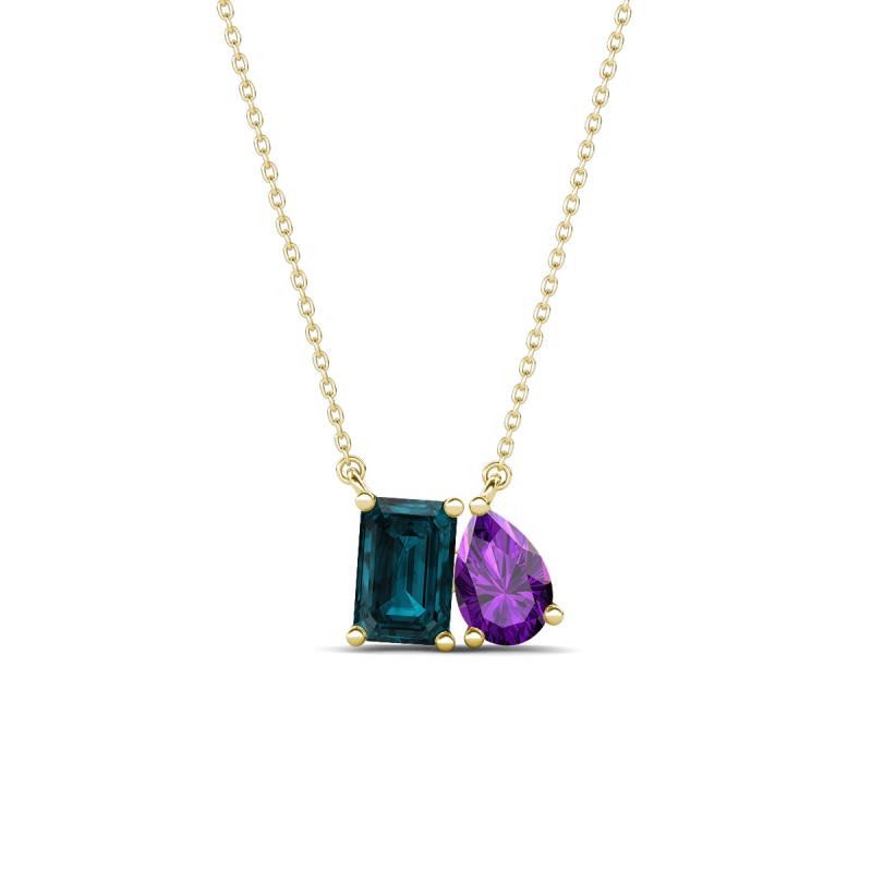 Arika 1.10 ctw Emerald Shape London Blue Topaz with Pear Shape Amethyst Toi Et Moi Women Pendant Necklace 