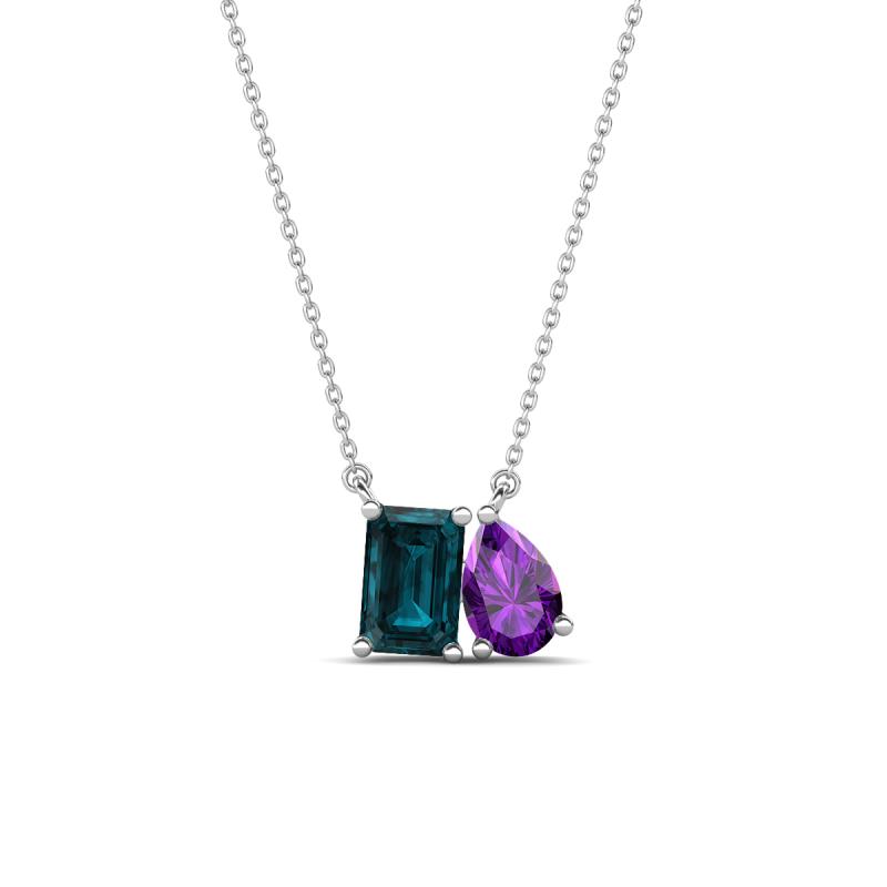 Arika 1.10 ctw Emerald Shape London Blue Topaz with Pear Shape Amethyst Toi Et Moi Women Pendant Necklace 