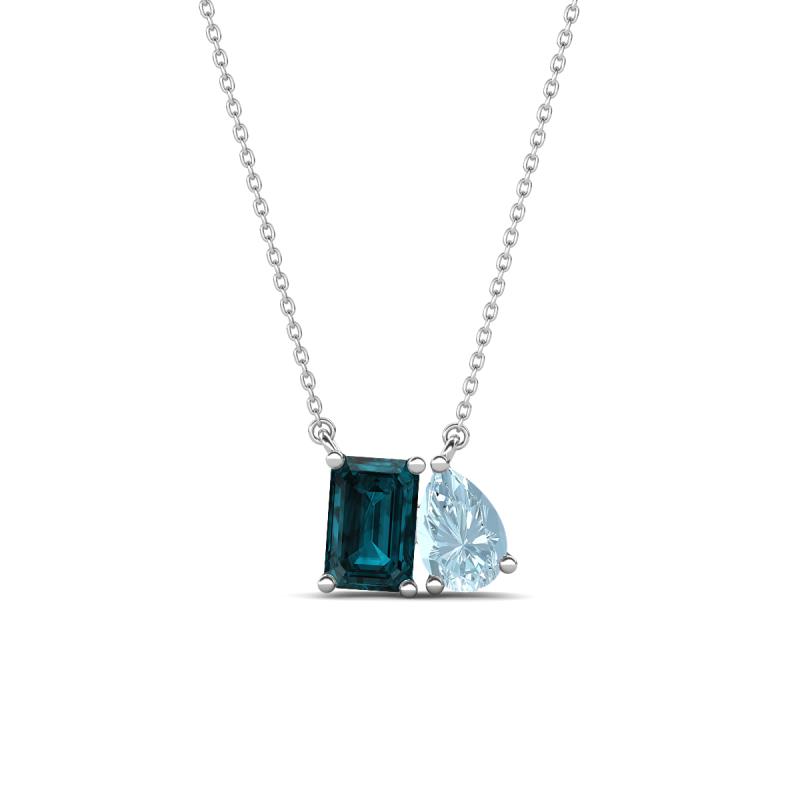 Arika 1.05 ctw Emerald Shape London Blue Topaz with Pear Shape Aquamarine Toi Et Moi Women Pendant Necklace 