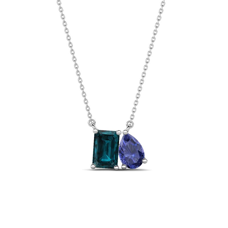 Arika 1.05 ctw Emerald Shape London Blue Topaz with Pear Shape Iolite Toi Et Moi Women Pendant Necklace 