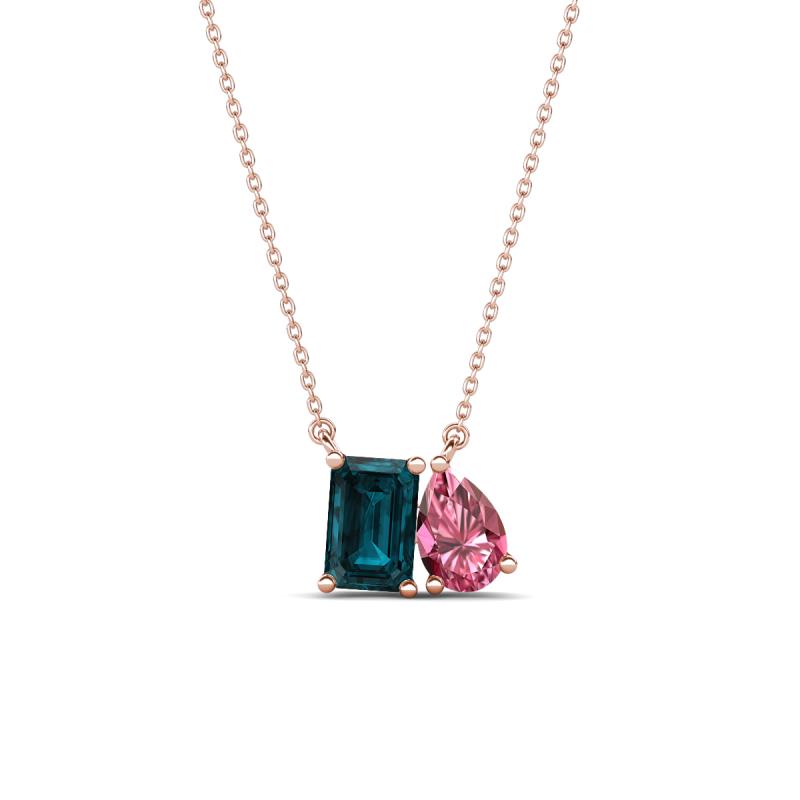 Arika 1.15 ctw Emerald Shape London Blue Topaz with Pear Shape Pink Tourmaline Toi Et Moi Women Pendant Necklace 