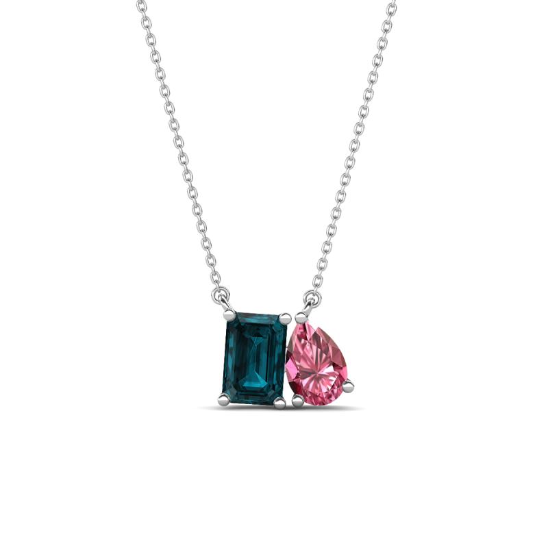 Arika 1.15 ctw Emerald Shape London Blue Topaz with Pear Shape Pink Tourmaline Toi Et Moi Women Pendant Necklace 