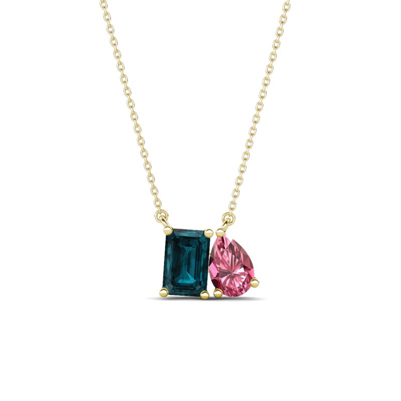 Arika 1.15 ctw Emerald Shape London Blue Topaz with Pear Shape Pink Tourmaline Toi Et Moi Women Pendant Necklace 