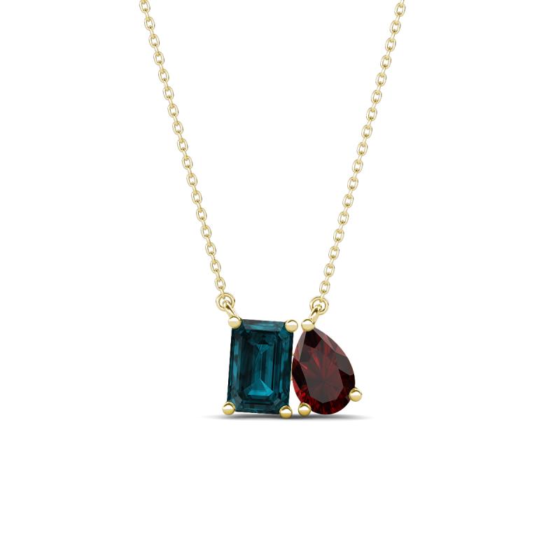 Arika 1.25 ctw Emerald Shape London Blue Topaz with Pear Shape Red Garnet Toi Et Moi Women Pendant Necklace 