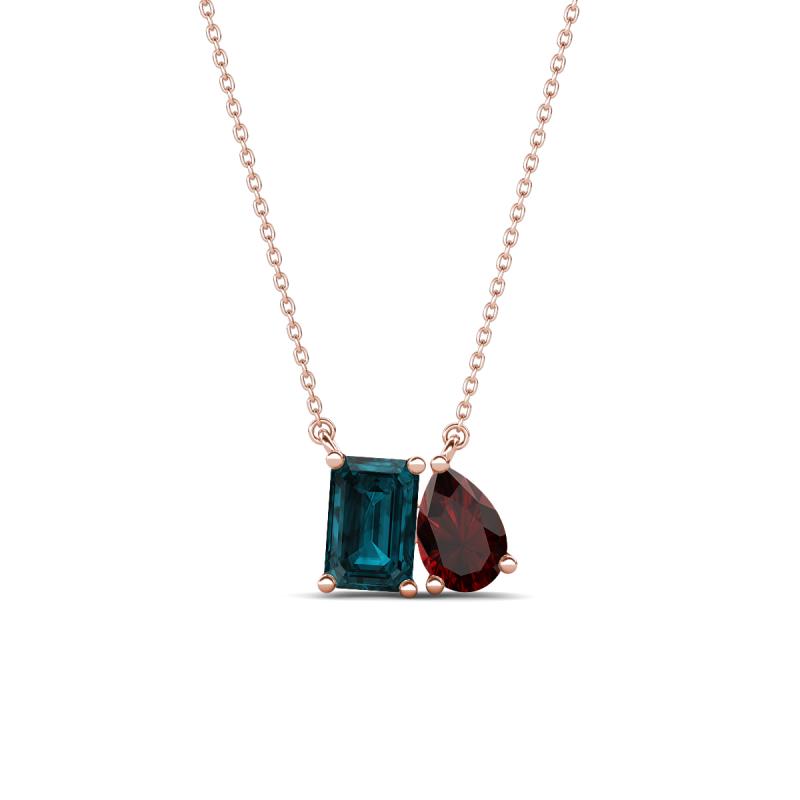 Arika 1.25 ctw Emerald Shape London Blue Topaz with Pear Shape Red Garnet Toi Et Moi Women Pendant Necklace 