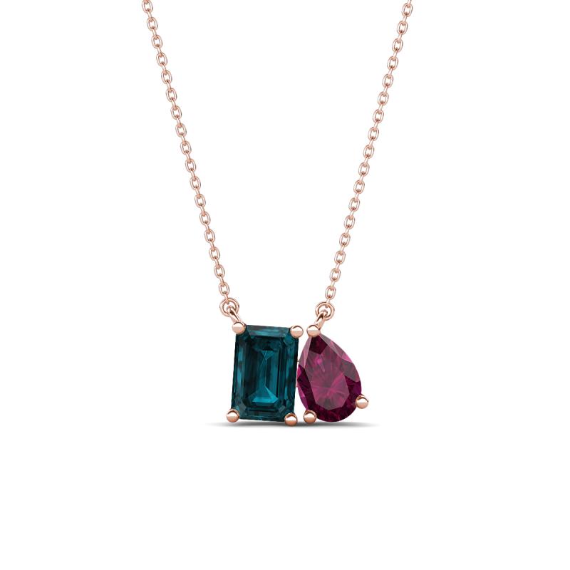 Arika 1.25 ctw Emerald Shape London Blue Topaz with Pear Shape Rhodolite Garnet Toi Et Moi Women Pendant Necklace 
