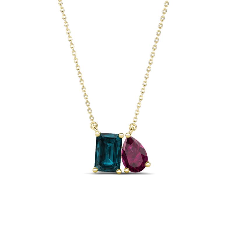 Arika 1.25 ctw Emerald Shape London Blue Topaz with Pear Shape Rhodolite Garnet Toi Et Moi Women Pendant Necklace 