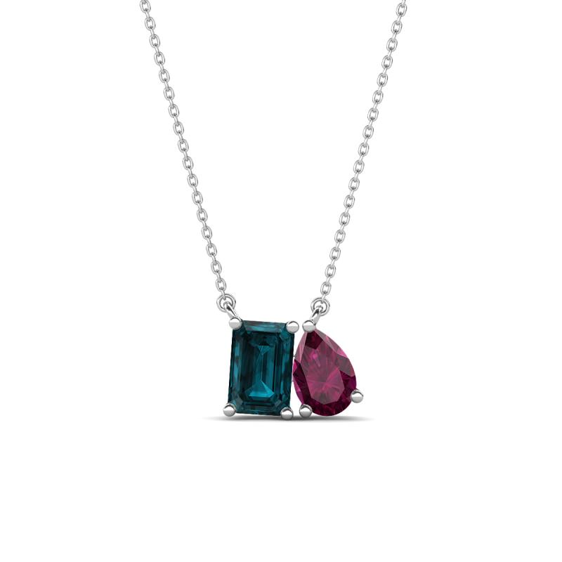 Arika 1.25 ctw Emerald Shape London Blue Topaz with Pear Shape Rhodolite Garnet Toi Et Moi Women Pendant Necklace 