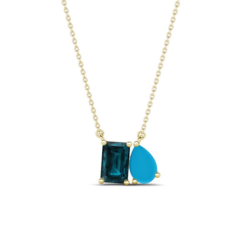 Arika 0.95 ctw Emerald Shape London Blue Topaz with Pear Shape Turquoise Toi Et Moi Women Pendant Necklace 