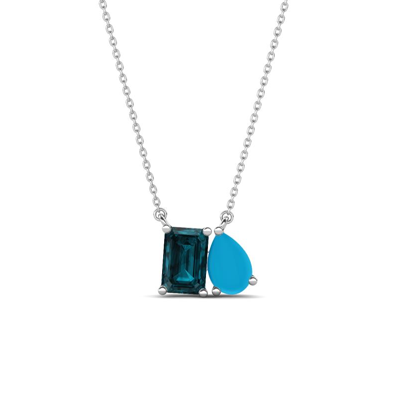 Arika 0.95 ctw Emerald Shape London Blue Topaz with Pear Shape Turquoise Toi Et Moi Women Pendant Necklace 