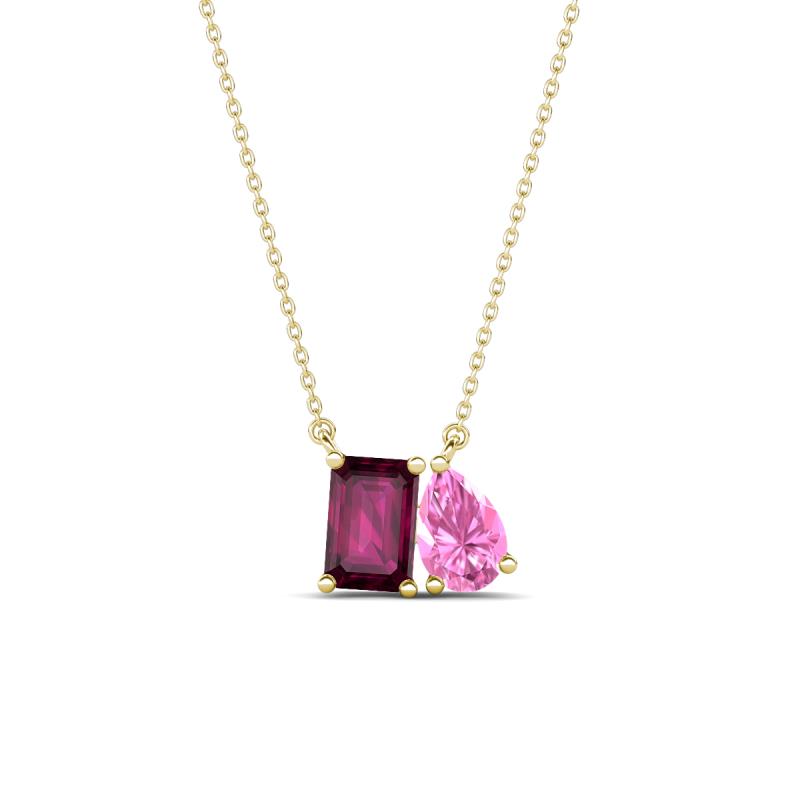 Arika 1.20 ctw Emerald Shape Rhodolite Garnet with Pear Shape Created Pink Sapphire Toi Et Moi Women Pendant Necklace 