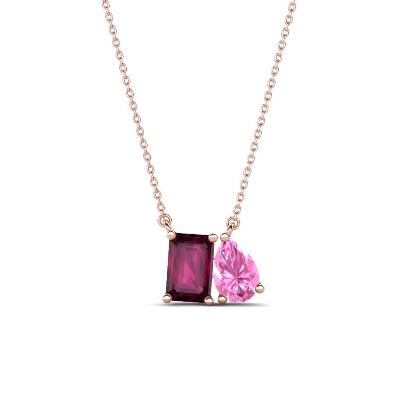 Arika 1.20 ctw Emerald Shape Rhodolite Garnet with Pear Shape Created Pink Sapphire Toi Et Moi Women Pendant Necklace 