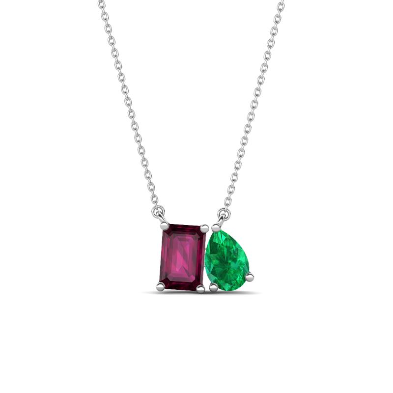 Arika 1.08 ctw Emerald Shape Rhodolite Garnet with Pear Shape Created Emerald Toi Et Moi Women Pendant Necklace 