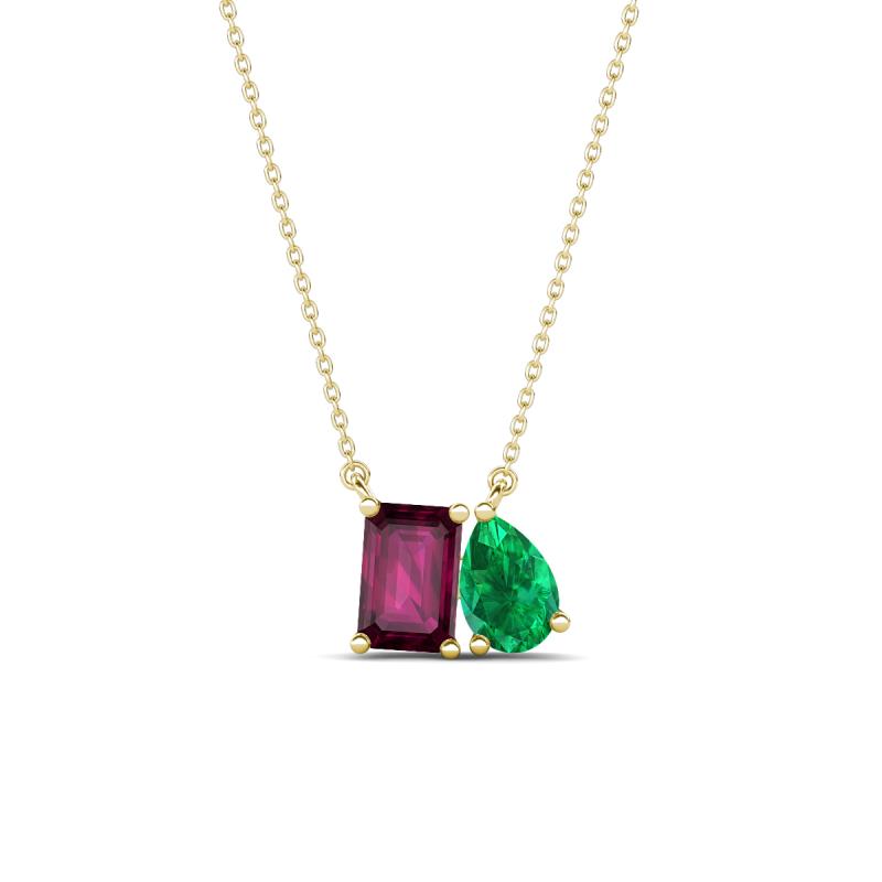 Arika 1.08 ctw Emerald Shape Rhodolite Garnet with Pear Shape Created Emerald Toi Et Moi Women Pendant Necklace 