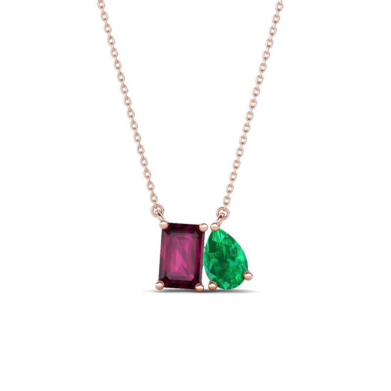Arika 1.08 ctw Emerald Shape Rhodolite Garnet with Pear Shape Created Emerald Toi Et Moi Women Pendant Necklace 