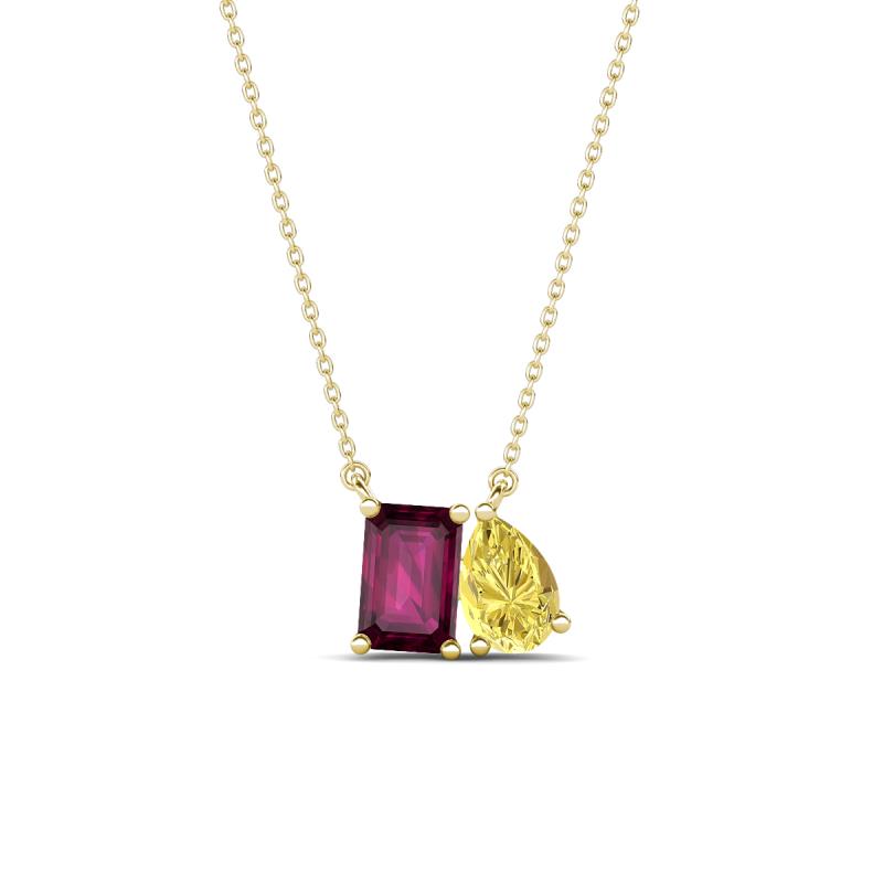 Arika 1.20 ctw Emerald Shape Rhodolite Garnet with Pear Shape Created Yellow Sapphire Toi Et Moi Women Pendant Necklace 