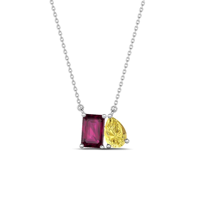 Arika 1.20 ctw Emerald Shape Rhodolite Garnet with Pear Shape Created Yellow Sapphire Toi Et Moi Women Pendant Necklace 
