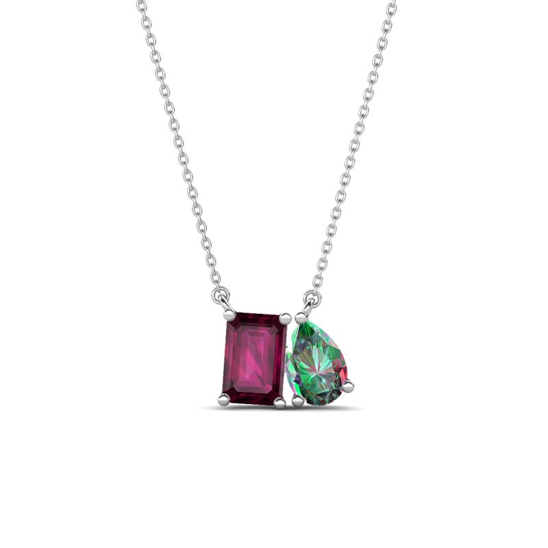 Arika 1.24 ctw Emerald Shape Rhodolite Garnet with Pear Shape Created Alexandrite Toi Et Moi Women Pendant Necklace 