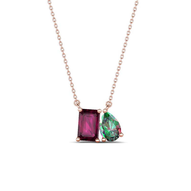 Arika 1.24 ctw Emerald Shape Rhodolite Garnet with Pear Shape Created Alexandrite Toi Et Moi Women Pendant Necklace 