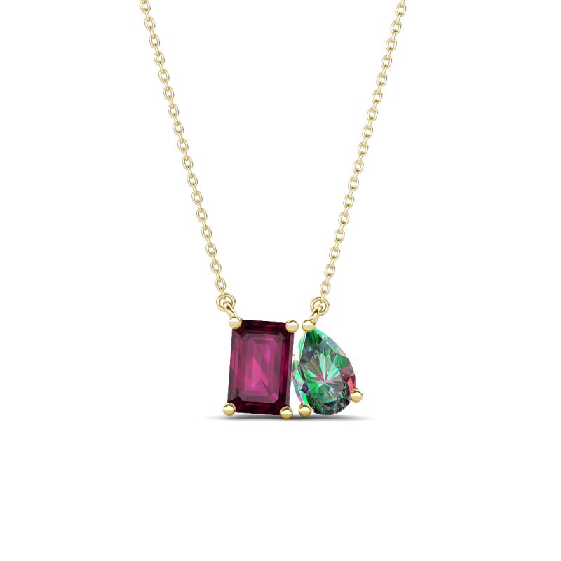 Arika 1.24 ctw Emerald Shape Rhodolite Garnet with Pear Shape Created Alexandrite Toi Et Moi Women Pendant Necklace 
