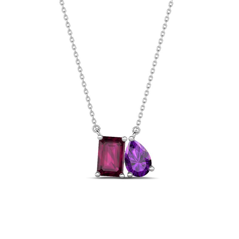 Arika 1.15 ctw Emerald Shape Rhodolite Garnet with Pear Shape Amethyst Toi Et Moi Women Pendant Necklace 