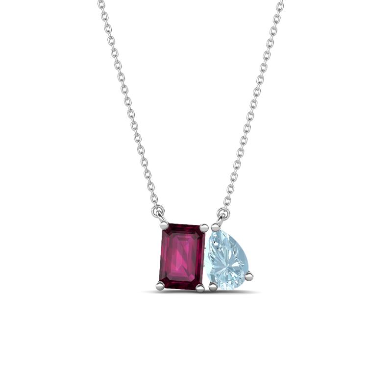 Arika 1.10 ctw Emerald Shape Rhodolite Garnet with Pear Shape Aquamarine Toi Et Moi Women Pendant Necklace 