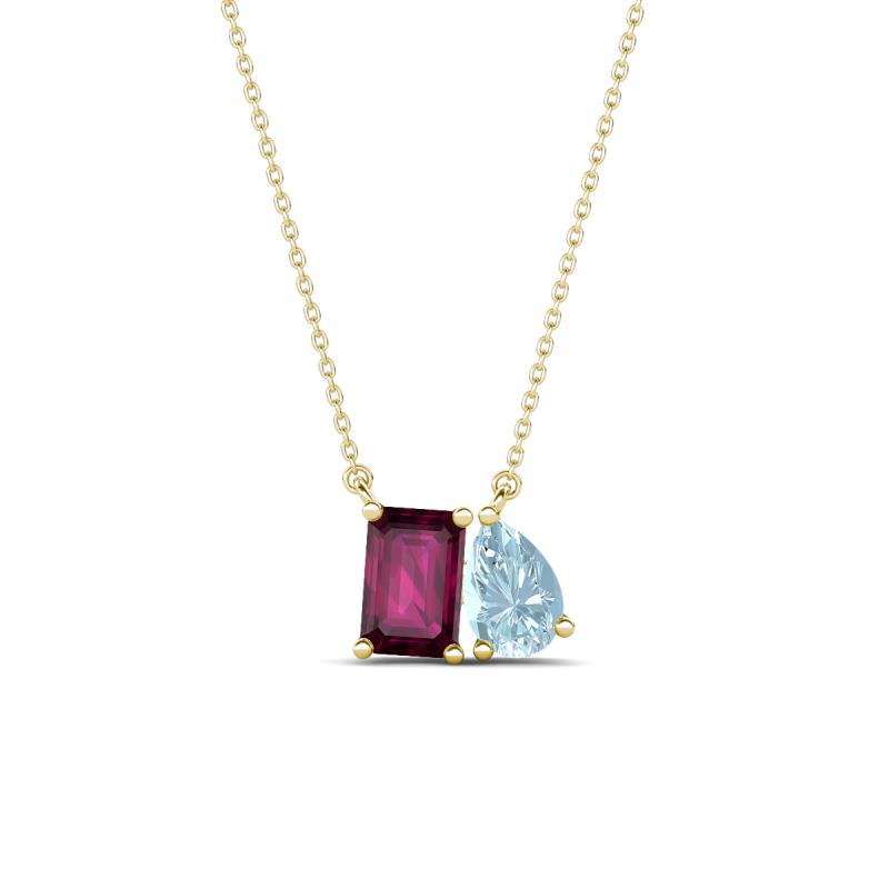 Arika 1.10 ctw Emerald Shape Rhodolite Garnet with Pear Shape Aquamarine Toi Et Moi Women Pendant Necklace 