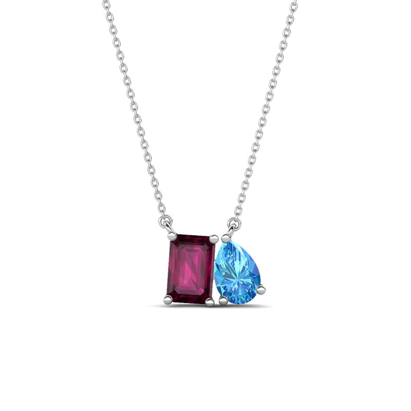 Arika 1.25 ctw Emerald Shape Rhodolite Garnet with Pear Shape Blue Topaz Toi Et Moi Women Pendant Necklace 