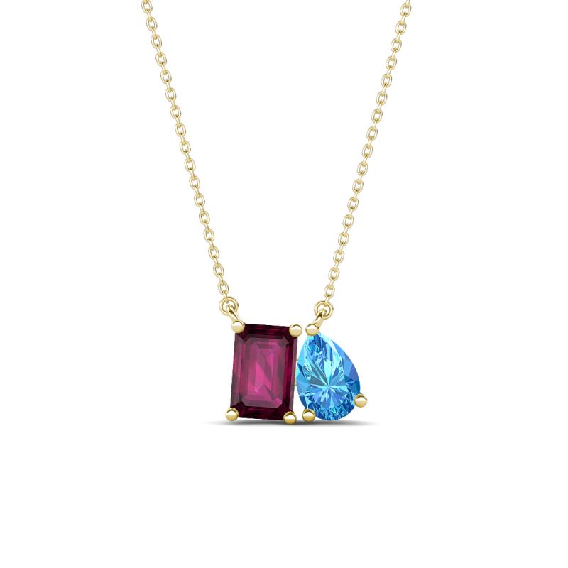 Arika 1.25 ctw Emerald Shape Rhodolite Garnet with Pear Shape Blue Topaz Toi Et Moi Women Pendant Necklace 