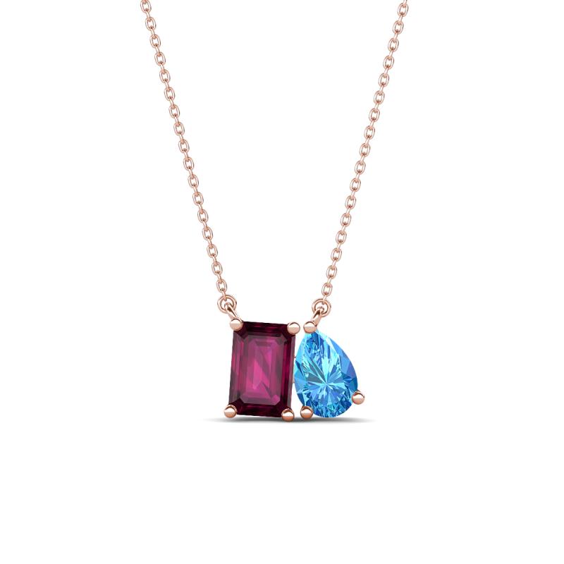 Arika 1.25 ctw Emerald Shape Rhodolite Garnet with Pear Shape Blue Topaz Toi Et Moi Women Pendant Necklace 